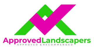 Approved Landscapers logo featuring magenta checkmark and green arrow shapes with company name and Approved and Recommended tagline